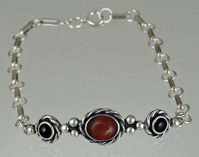 Sterling Silver Gemstone Adjustable Chain Bracelet With Red Tiger Eye And Black Onyx